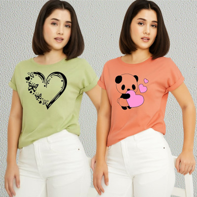 Lecowar Printed Women Round Neck Green, Pink T-Shirt