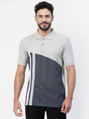 KALT Colorblock, Striped Men Polo Neck Dark Blue, Grey T-Shirt