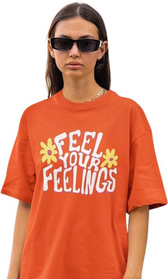 Clori Graphic Print, Printed Women Round Neck Orange T-Shirt