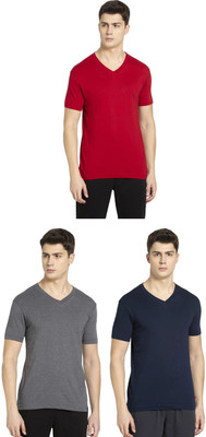 JOCKEY Solid Men V Neck Grey, Dark Blue, Red T-Shirt