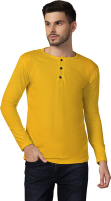 GEUM Solid Men Henley Neck Yellow T-Shirt