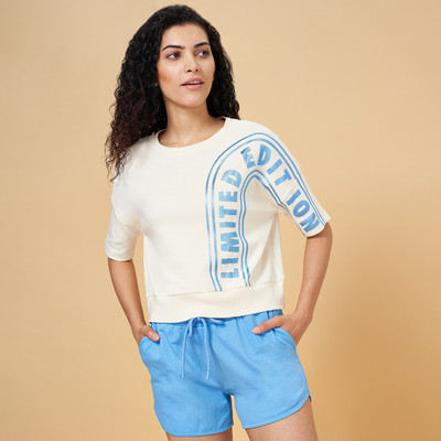 Ajile By Pantaloons Printed Women Round Neck White T-Shirt