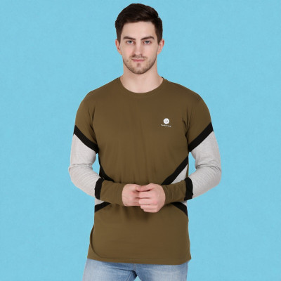 FARICON Colorblock Men Round Neck Brown T-Shirt