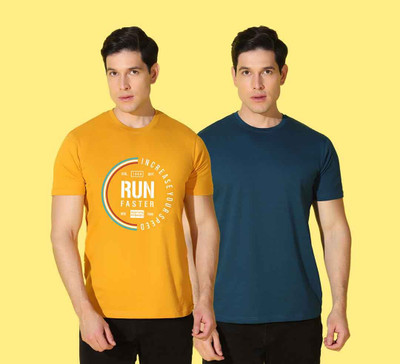 WOOSTRO Printed Men Round Neck Yellow, Dark Blue T-Shirt