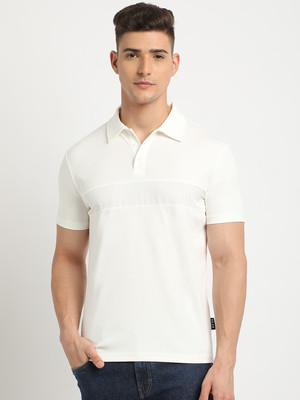 THE BEAR HOUSE Self Design Men Polo Neck White T-Shirt