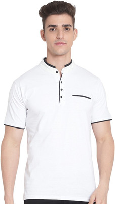 RAWKISH Solid Men Mandarin Collar White T-Shirt