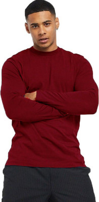 Styvibe Solid Men Round Neck Maroon T-Shirt