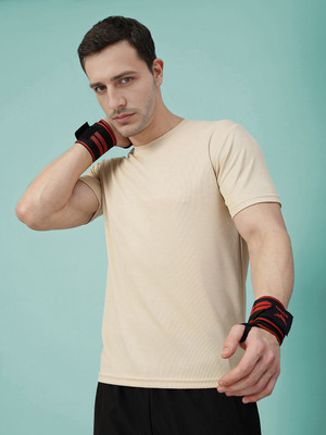 Adrenex Solid Men Round Neck Beige T-Shirt