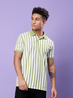 TQH Striped Men Polo Neck Light Green, White T-Shirt