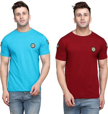 GEUM Solid Men Round Neck Light Blue, Maroon T-Shirt