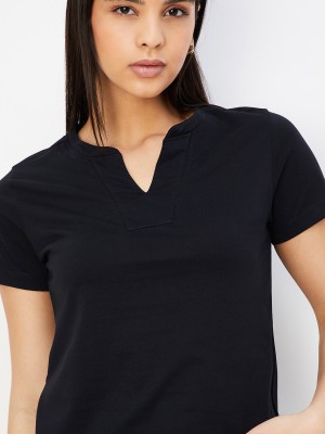 MAX Solid Women Round Neck Black T-Shirt