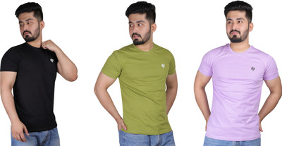 LEAFCARE Solid Men Round Neck Multicolor T-Shirt