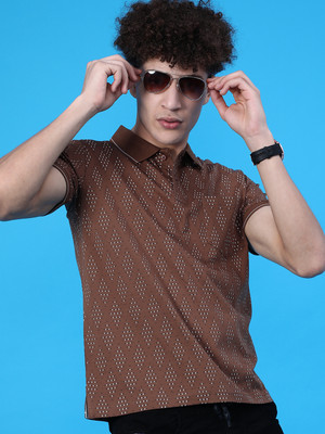 V-MART Printed Men Polo Neck Brown T-Shirt