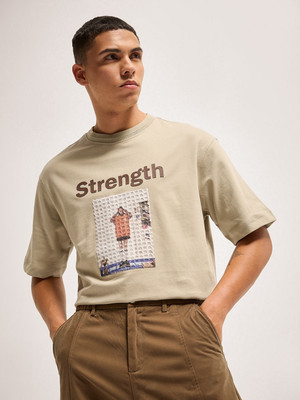 THE BEAR HOUSE Self Design Men Round Neck Beige T-Shirt