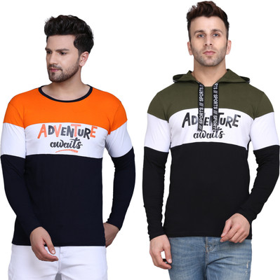 SLOWLORIS Printed Men Hooded Neck Orange, Dark Green T-Shirt