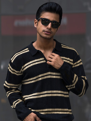 MANIAC Striped Men Polo Neck Black T-Shirt