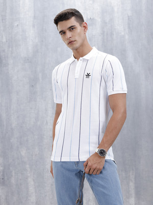 WROGN Striped Men Polo Neck White T-Shirt