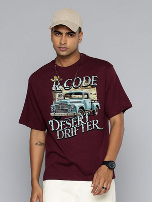 R.Code by The Roadster Life Co. Printed Men Round Neck Maroon T-Shirt