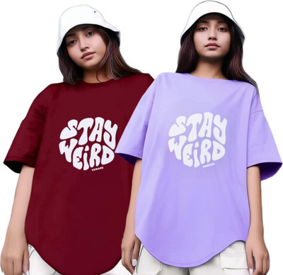 Xsware Printed Women Round Neck Maroon, Purple T-Shirt