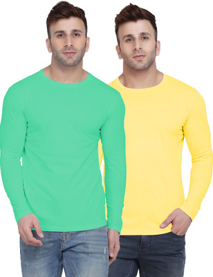 Kroptee Solid Men Round Neck Light Green, Yellow T-Shirt