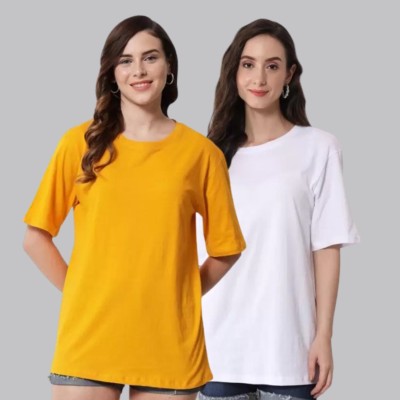 wildborn Solid Women Round Neck Yellow, White T-Shirt
