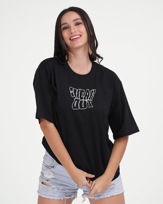Mad Over Print Printed, Typography Women Round Neck Black T-Shirt