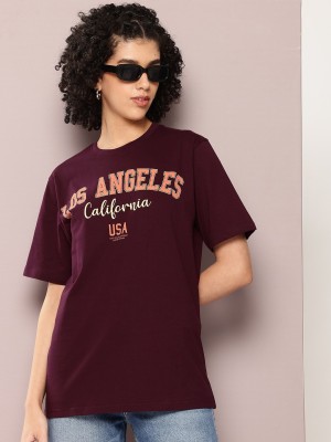 DILLINGER Typography Women Round Neck Maroon T-Shirt