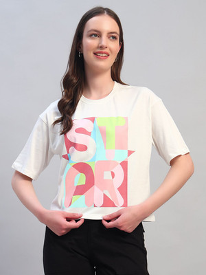 CANTABIL Printed Women Round Neck White T-Shirt