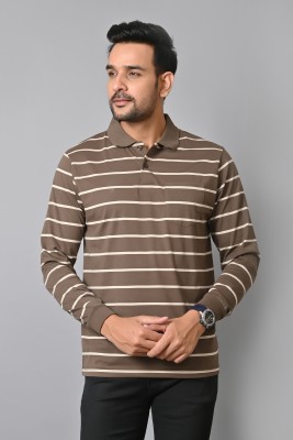 Arbour Striped Men Polo Neck Brown T-Shirt