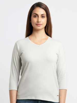 Status Quo Solid Women V Neck Light Green T-Shirt