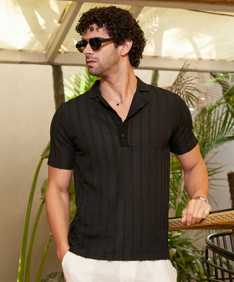 CAMPUS SUTRA Checkered Men Polo Neck Black T-Shirt