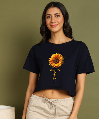 Moda Rapido Printed Women Round Neck Dark Blue T-Shirt