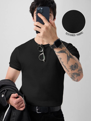 GELAI ENTERPRISE Self Design, Solid, Striped Men Round Neck Black T-Shirt