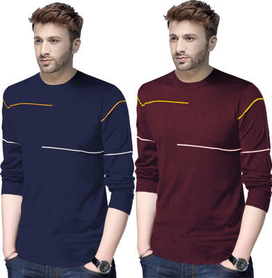 Reya Striped Men Round Neck Maroon, Blue T-Shirt