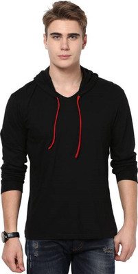 GEUM Solid Men Hooded Neck Black T-Shirt