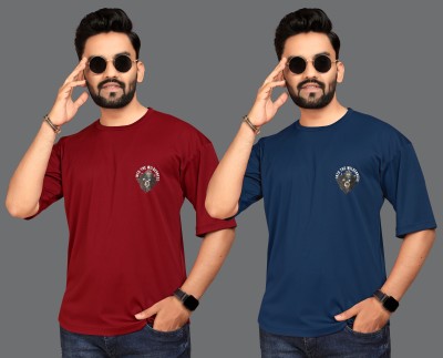 Henzila Printed Men Round Neck Maroon, Blue T-Shirt