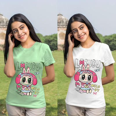 Kintu Parantu Cartoon Women Round Neck Pink T-Shirt