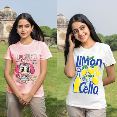 Parona Printed Women Round Neck Pink, White T-Shirt