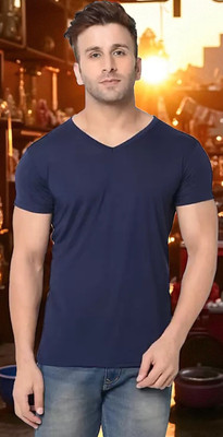 FARICON Solid Men Round Neck Dark Blue T-Shirt