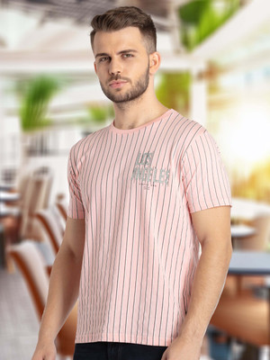 Status Quo Striped Men Round Neck Pink T-Shirt