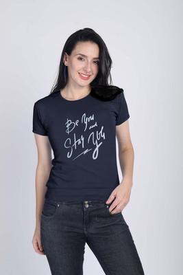 PprimeandPride Printed Women Round Neck Navy Blue T-Shirt
