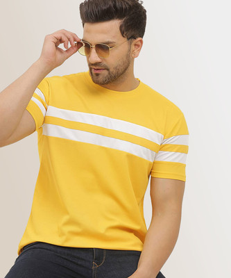 TEEFOX Striped Men Round Neck Yellow T-Shirt