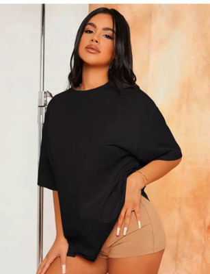 etsun Solid Women Round Neck Black T-Shirt