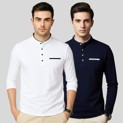 PEAK MOUNT Solid Men Mandarin Collar White, Navy Blue T-Shirt
