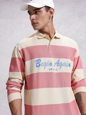 WROGN Striped Men Polo Neck Beige T-Shirt