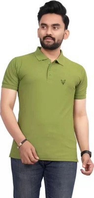 Ellegory Solid Men Polo Neck Green T-Shirt