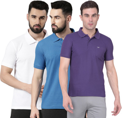 Force NXT Solid Men Polo Neck Purple, Dark Blue, White T-Shirt