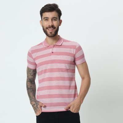 TAB91 Striped Men Polo Neck Pink T-Shirt