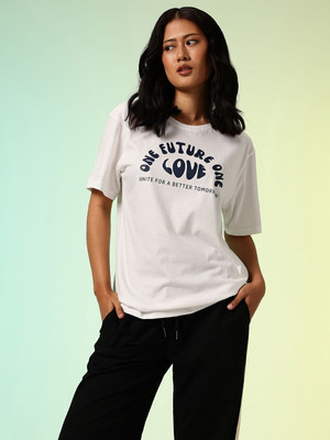 HRX by Hrithik Roshan Graphic Print Women Round Neck White T-Shirt