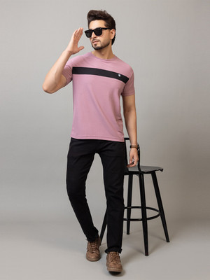 RosyRains Striped, Colorblock Men Round Neck Pink T-Shirt